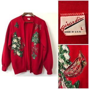 VTG 90s Girardin Christmas Cardinal Sweatshirt Cardigan L Glitter Appliqué USA